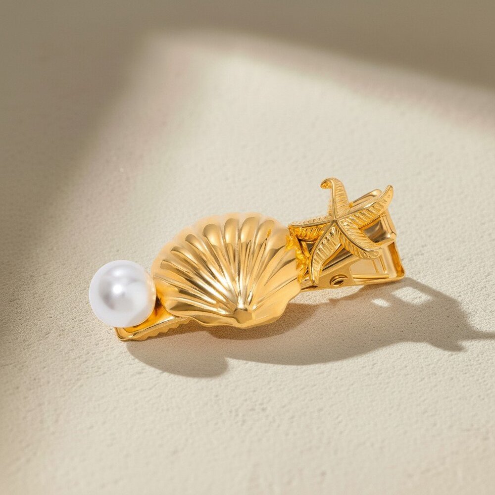 18K Gold Plated Stainless Steel Shell Starfish Pearl Hair Clip Coastal Barrette